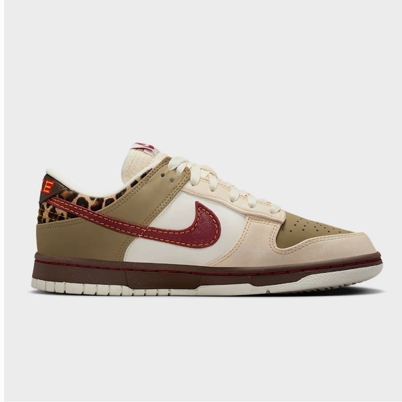 Nike Shoes - Nike Dunk Low SE Sneakers - Cream/Tan/Burgundy with Leopard Trim